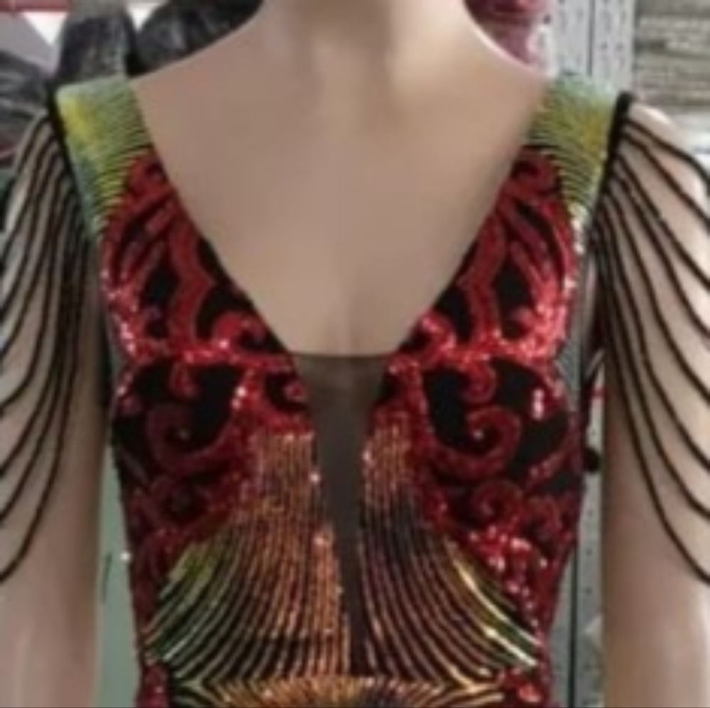 Red/Black  V Neck, Sleeveless,  Round Back,  Beaded,  Floral, Sequined G… - Picture 11 of 16